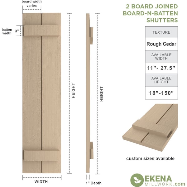 Rustic Two Board Joined Board-n-Batten Rough Cedar Faux Wood Shutters, 11W X 64H